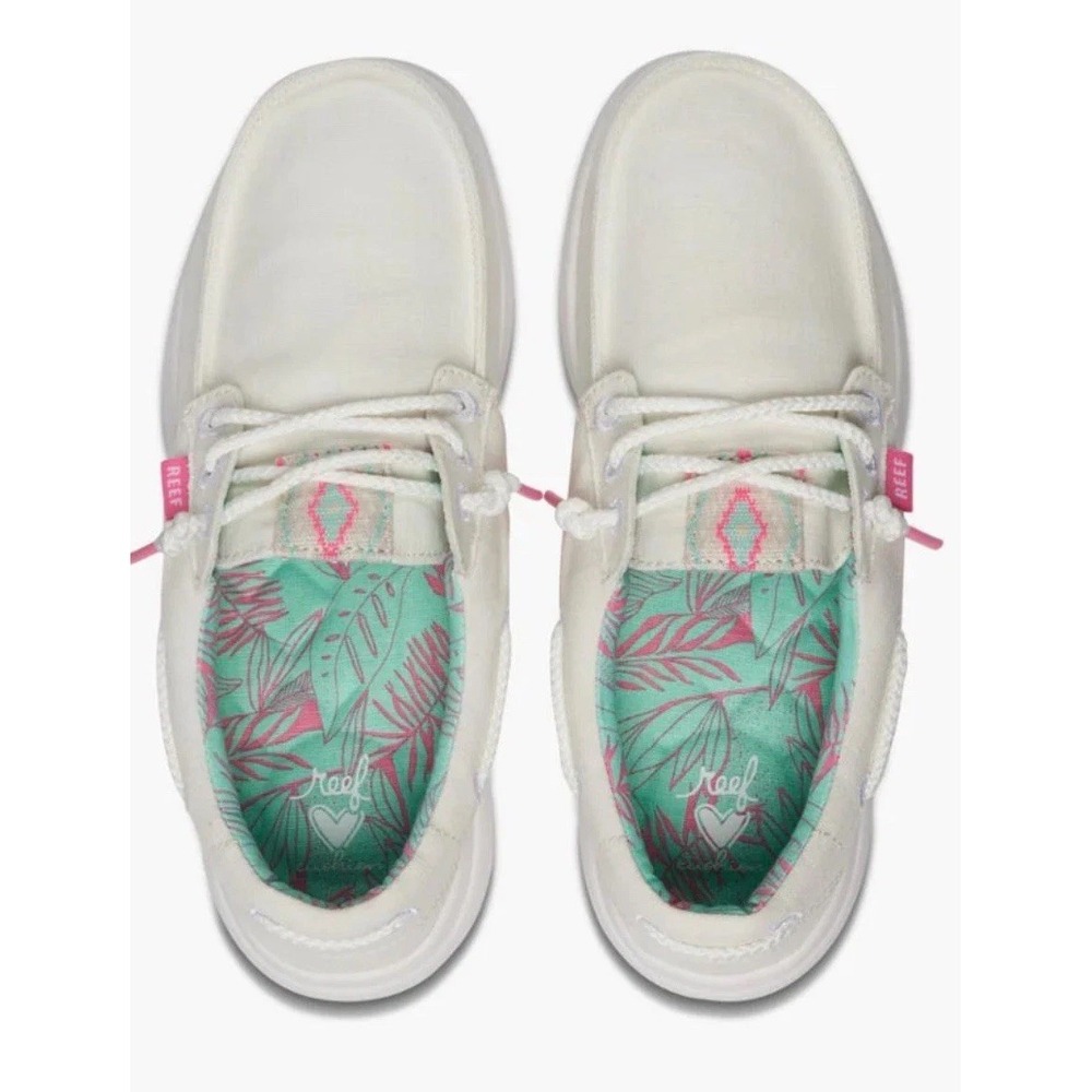 Reef Women's Casual Boat Shoes Cream Canvas Tropical Lining Lace Up Size‎ 7